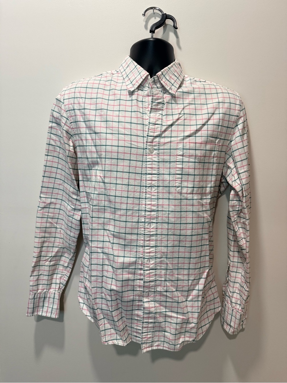 J. Crew White Button-Down Shirt with Green and Pink Windowpane